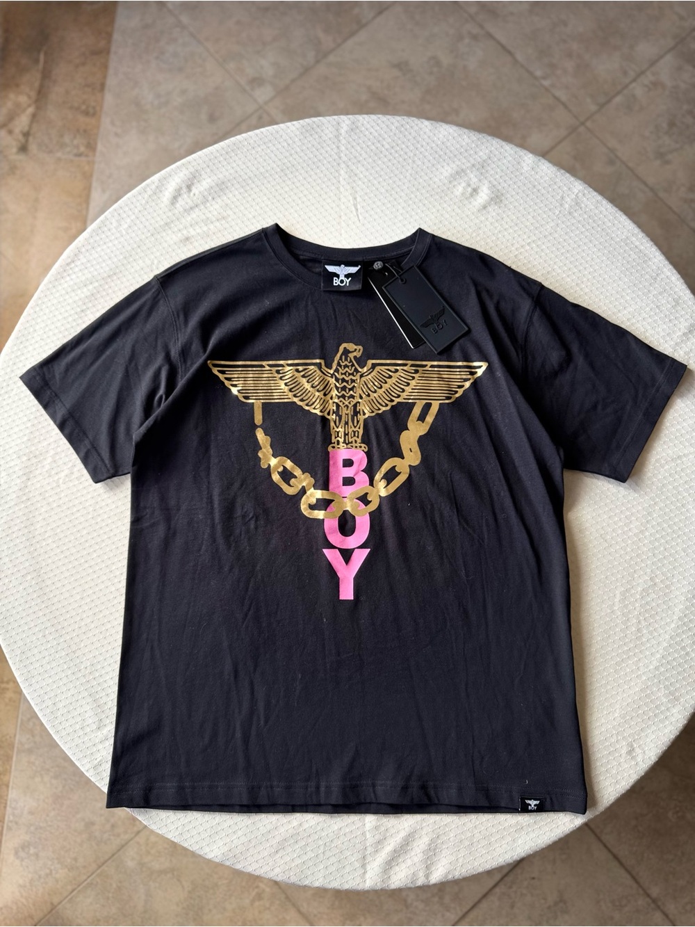 BOY London Black Short-Sleeve Graphic T-Shirt with Gold Eagle and Pink Logo
